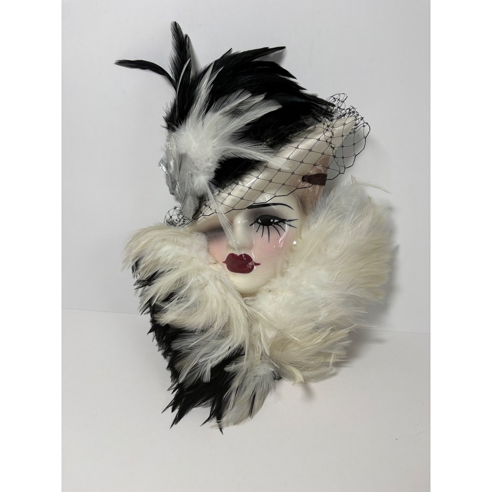 Vintage Art Deco Ceramic Lady Face Mask Wall Hanging Feathers Veil Black White